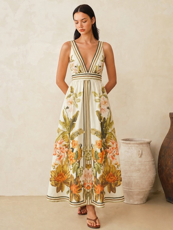 Commense Dresses & Skirts - Commense Tropical Floral Print Deep V-Neck Maxi Dress